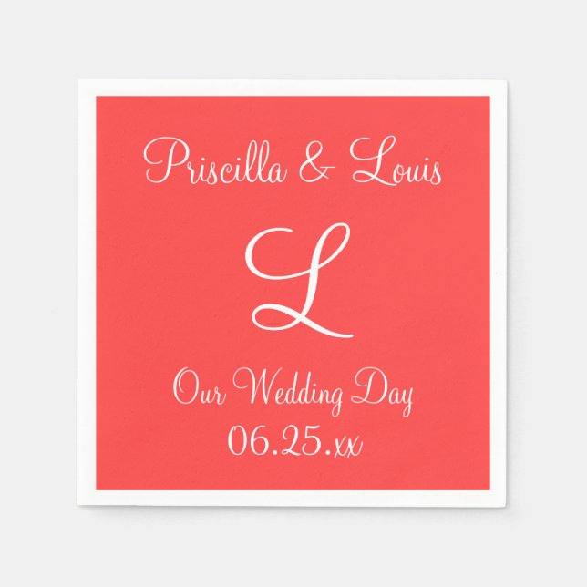 Monogram Coral Red Exklusive passende Farbe Napkin Serviette (Vorderseite)