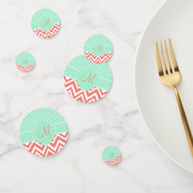 Monogram Coral Zickzack mit Mint Polka Dot Muster Konfetti (Gruppe)