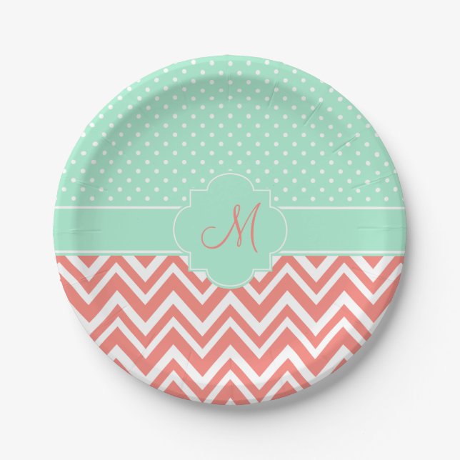Monogram Coral Zickzack mit Mint Polka Dot Muster Pappteller (Vorderseite)