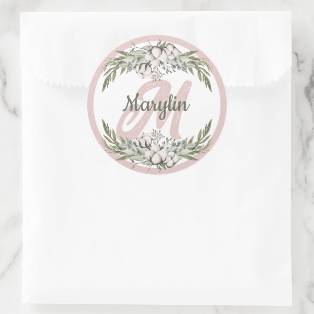 Monogram Cotton Blume Foliage Minimale Konstruktio Runder Aufkleber (Tasche)