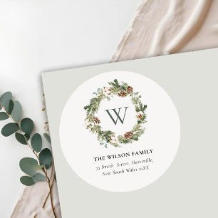 Monogram Cotton Pine Cone Weihnachtskronadresse Runder Aufkleber