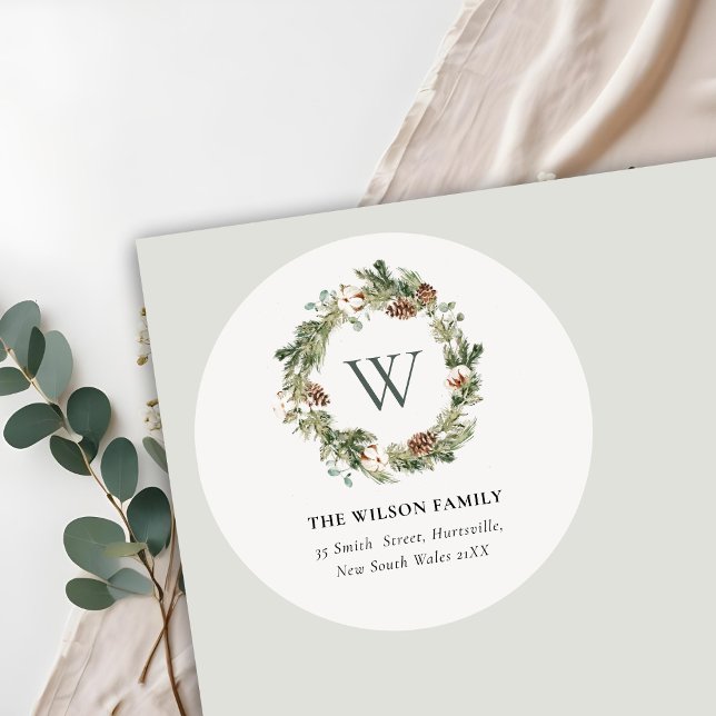 Monogram Cotton Pine Cone Weihnachtskronadresse Runder Aufkleber (Von Creator hochgeladen)