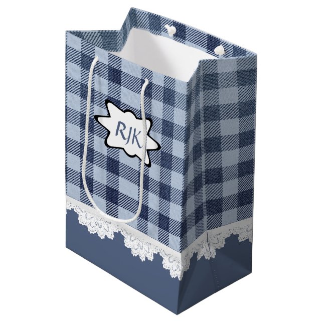 Monogram Country Blue Kariert Medium Geschenkbeute Mittlere Geschenktüte (Vorderseite Schrägansicht)