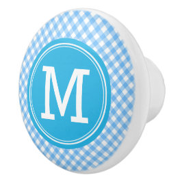 Monogram Country Chic Baby Blue Gingham Keramikknauf