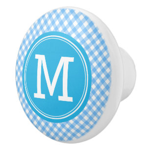 Monogram Country Chic Baby Blue Gingham Keramikknauf