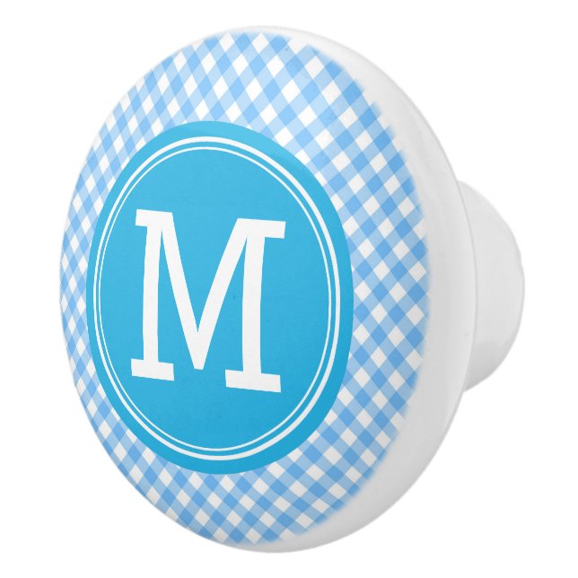 Monogram Country Chic Baby Blue Gingham Keramikknauf (Rechts)