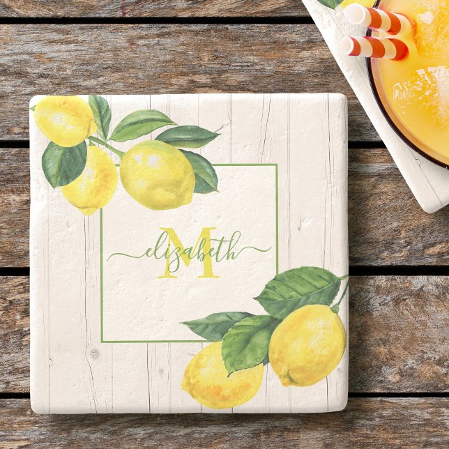 Monogram Country lemons Aquarell auf rustikalem Ho Steinuntersetzer (Von Creator hochgeladen)