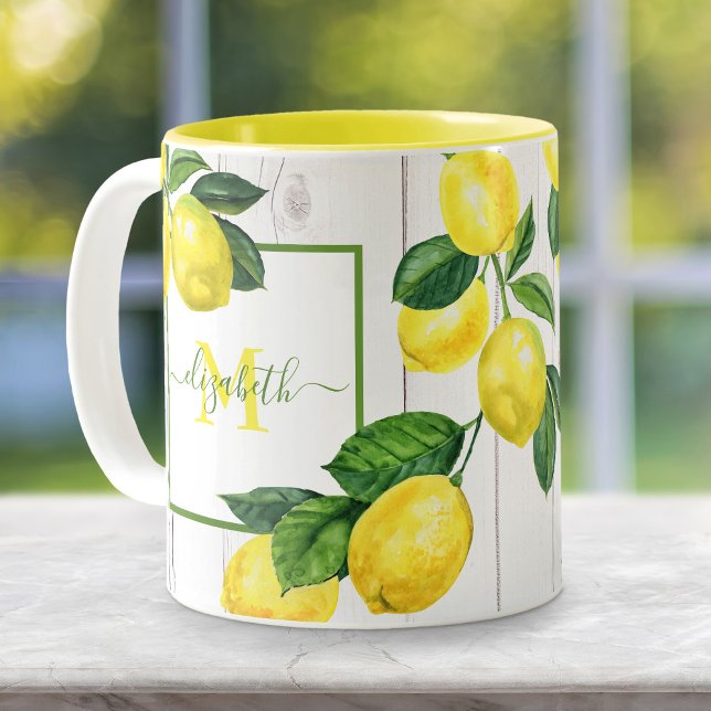 Monogram Country lemons Aquarell auf rustikalem Ho Zweifarbige Tasse (Von Creator hochgeladen)