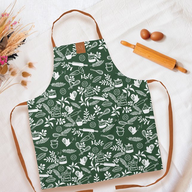 Monogram Country Style Blumenbackmuster Grün Schürze (Monogram Country Style Floral Baking Pattern Green Apron)