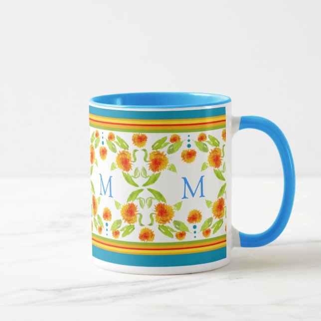 Monogram Country Style Orange Marigolds Border Tasse (Rechts)