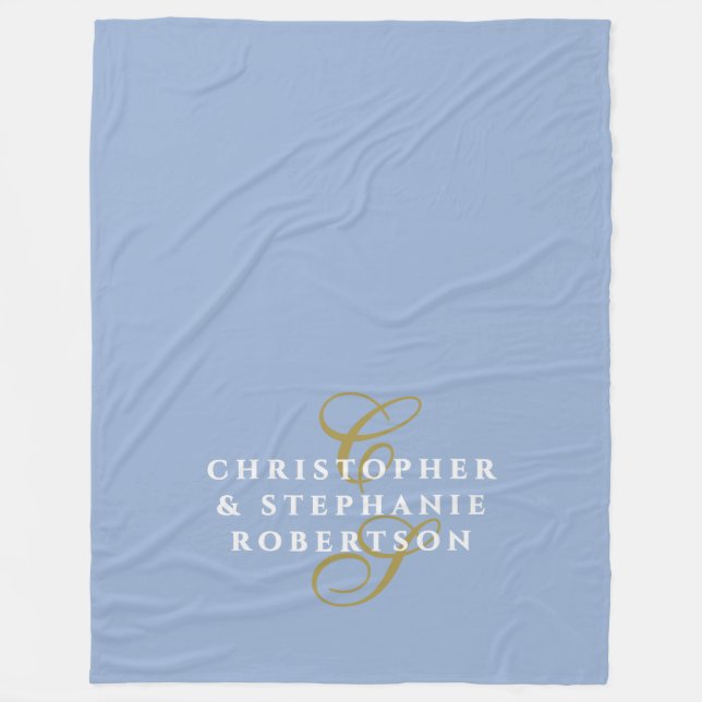 Monogram Couple Minimalist Blue Gold White Chic Fleecedecke (Vorderseite)