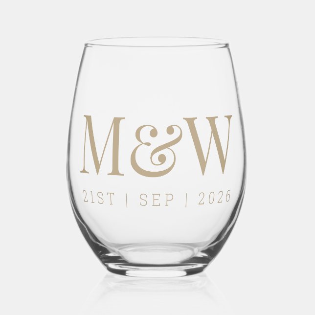 Monogram Couple's Modern Initials Gold Wedding Weinglas Ohne Stiel (Vorderseite)
