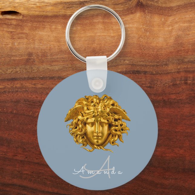 Monogram Couture Gold Medusa Mask Dusty Blue Schlüsselanhänger (Vorderseite)