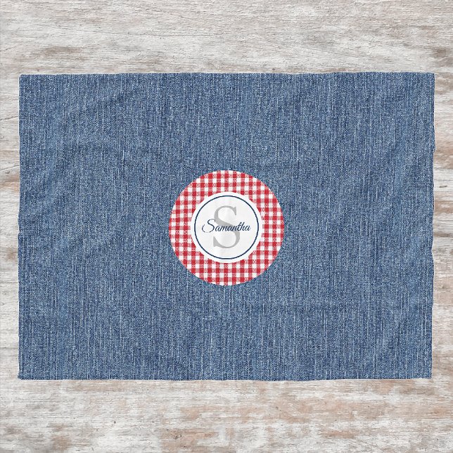 Monogram, Cozy Blue Denim & Red Karo Print Fleecedecke (Von Creator hochgeladen)