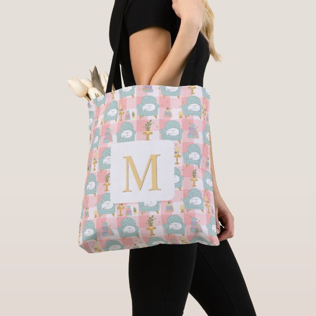 Monogram Cozy Cat & Book Tote Bag Girly Pink (Von Nahem)