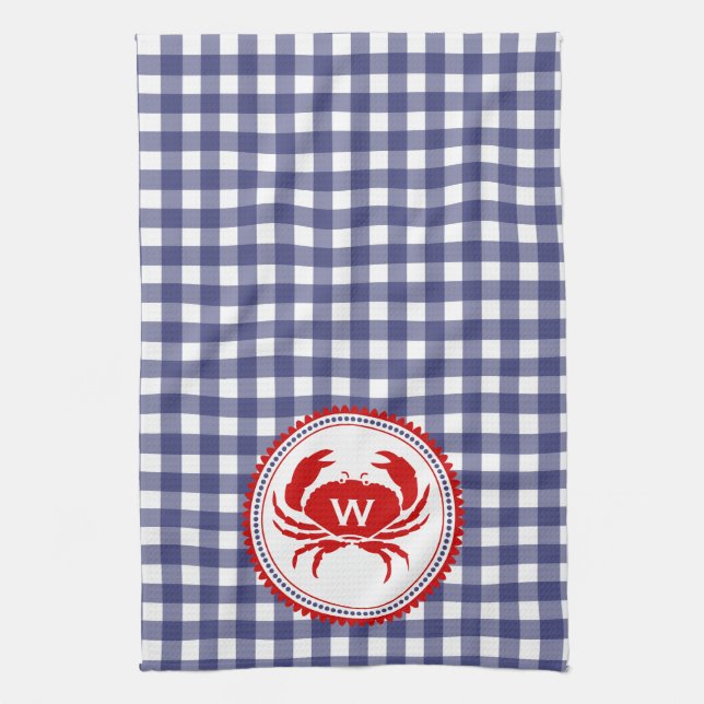 Monogram Crab & Blue Gingham Kitetücher Geschirrtuch (Vertikal)