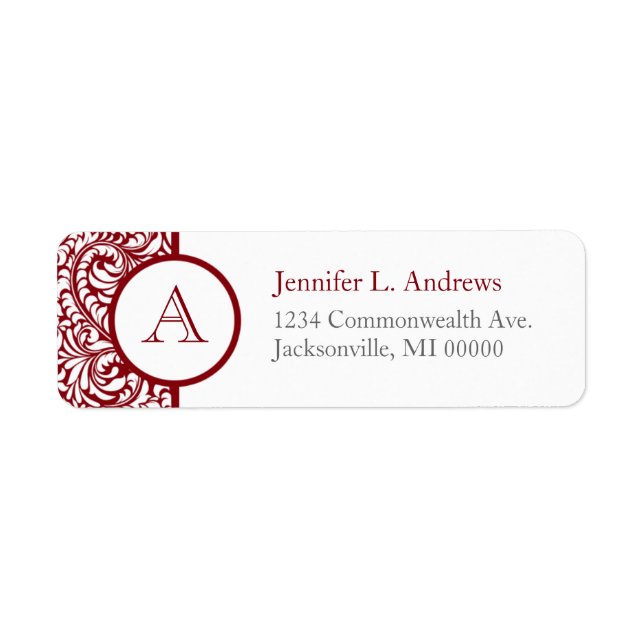Monogram Cranberry Damask Rücksendeadressen-Aufkle (Vorne)