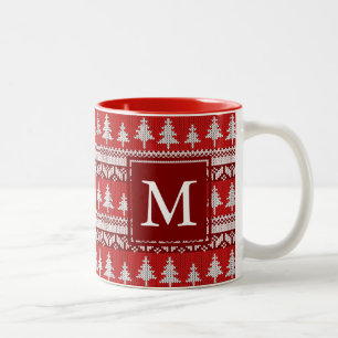 Monogram - Cranberry Red + White Nordic Fire Trees Zweifarbige Tasse