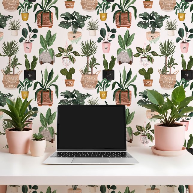 Monogram Crazy Pflanze Lady Watercolor Potcolor Pf Tapete (Monogram Crazy Plant Lady Watercolor Potted Plants Wallpaper)