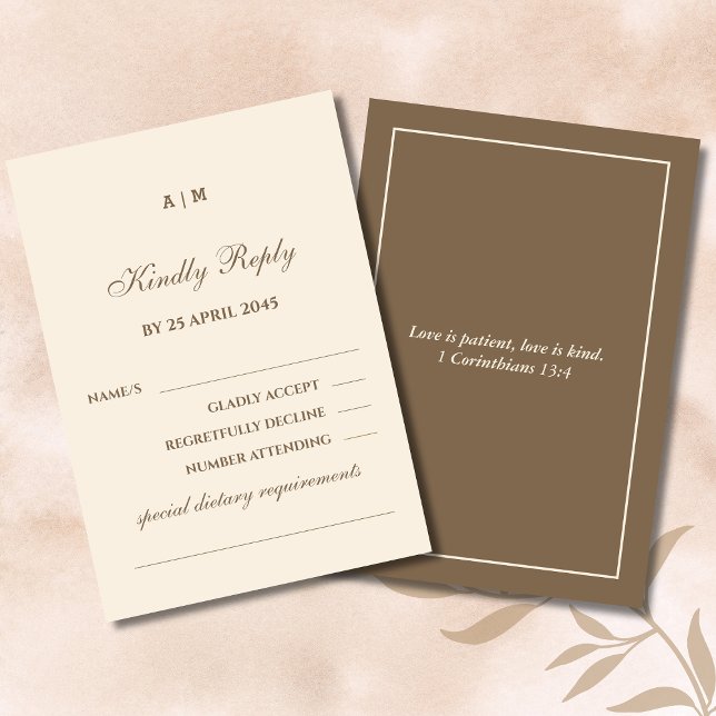 Monogram Cream Brown Christian Wedding RSVP Card  Karte (Von Creator hochgeladen)