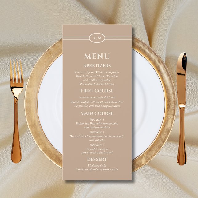 Monogram Cream Taupe Christian Wedding Menu Menükarte (Von Creator hochgeladen)