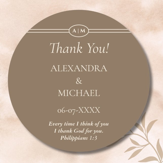 Monogram Cream Taupe Christian Wedding Thank You Runder Aufkleber (Von Creator hochgeladen)