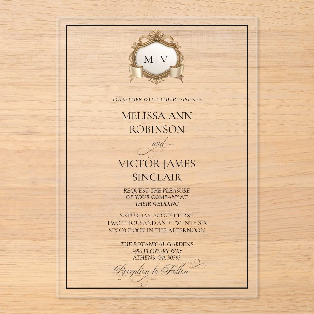 Monogram Crest Acrylic Wedding Invitation Acryleinladungen (Vorderseite)