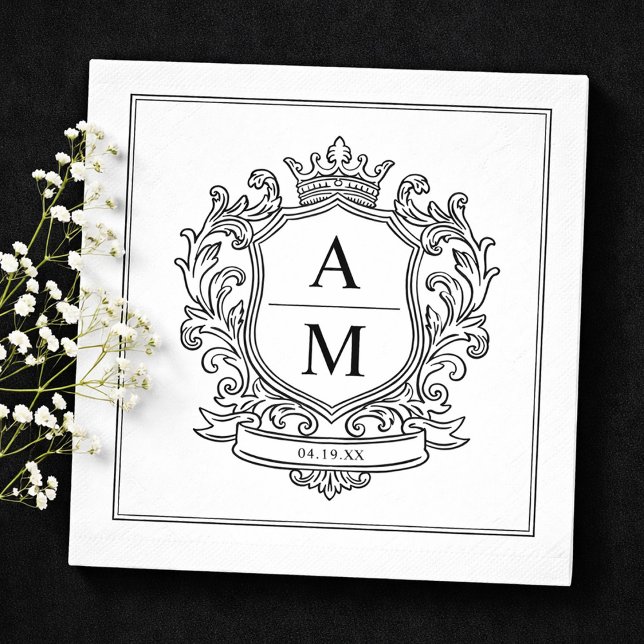 Monogram Crest Black and White Paper Wedding Serviette (Monogram Crest Black and White Paper Wedding Napkins)