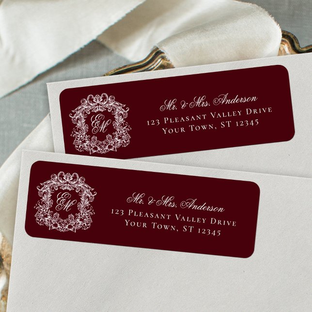 Monogram Crest Burgundy Wedding Return Address (Von Creator hochgeladen)