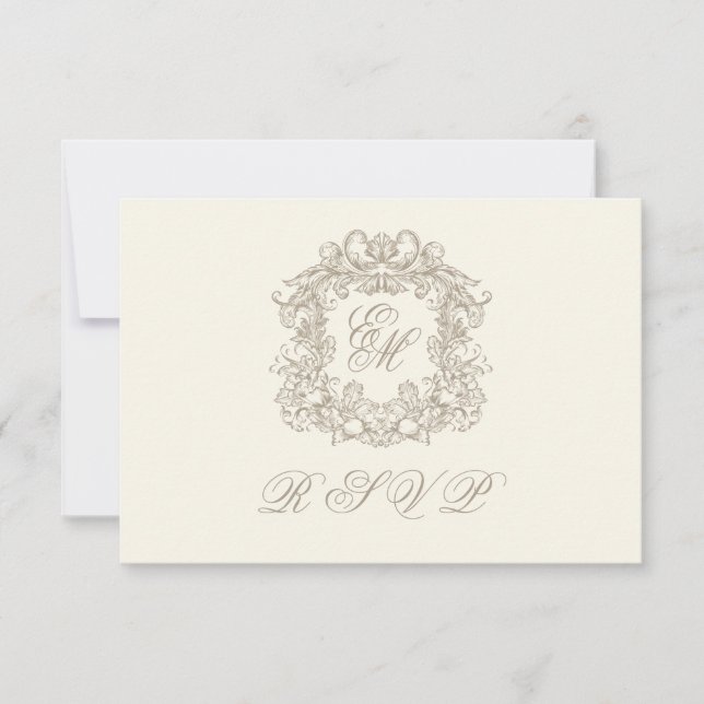 Monogram Crest Elegant Ivory Menu Wedding RSVP Karte (Vorderseite)