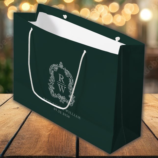 Monogram Crest Forest Green Wedding Große Geschenktüte (Von Creator hochgeladen)