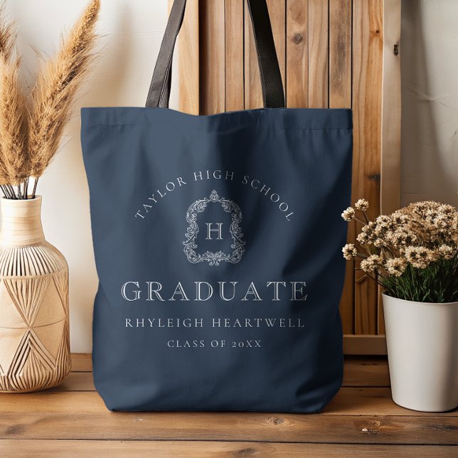 Monogram Crest Navy Blue White Graduation (Von Creator hochgeladen)