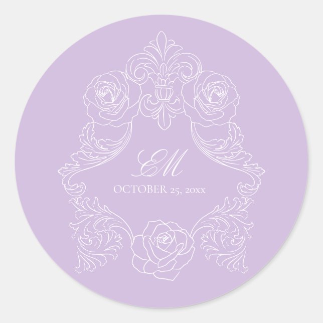 Monogram Crest Ornament Purple Violet Wedding Runder Aufkleber (Vorderseite)
