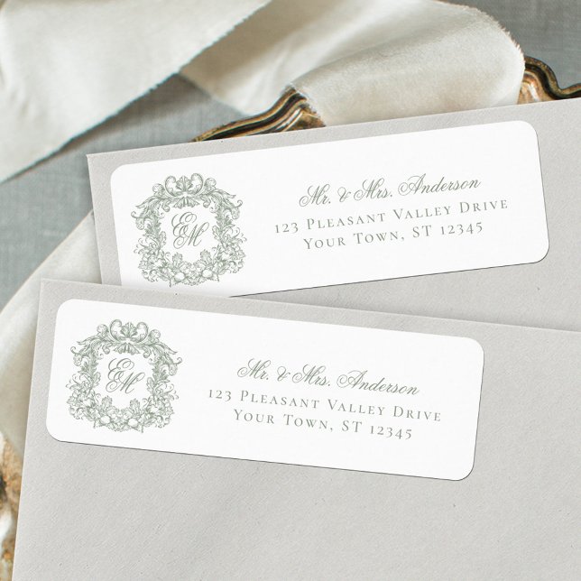 Monogram Crest Sage Green Wedding Return Address (Von Creator hochgeladen)