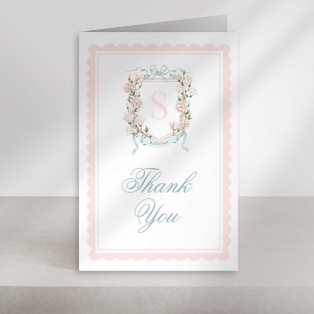 Monogram Crest Thank You Card Pink Bow Scallop Dankeskarte (Von Creator hochgeladen)