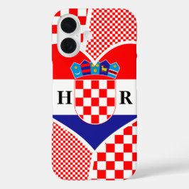 Monogram Croatia Flag Herz Schachbretts iPhone 16 Hülle
