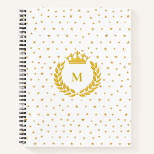 Monogram, Crown, Laurel & Gold Stars auf Weiß Notizbuch