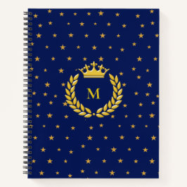 Monogram, Crown, Laurel & Gold Sterne auf Navy Blu Notizbuch