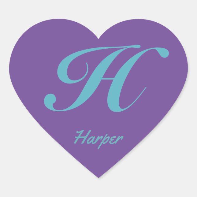 Monogram Cursive Letter H Blue Lila Kalligrafie Herz-Aufkleber (Vorderseite)