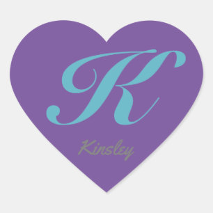 Monogram Cursive Letter K Blue Lila Kalligraphie Herz-Aufkleber