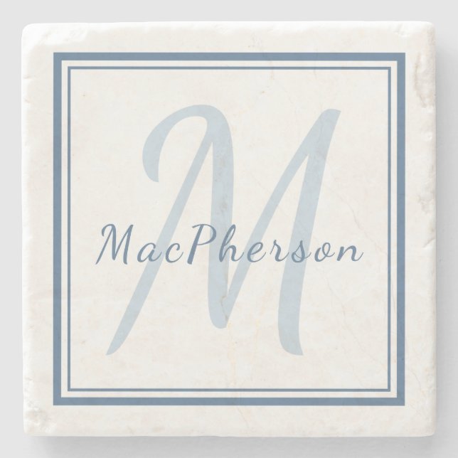 Monogram Custom Blue Text Marble Stone Untersetzer (Vorderseite)