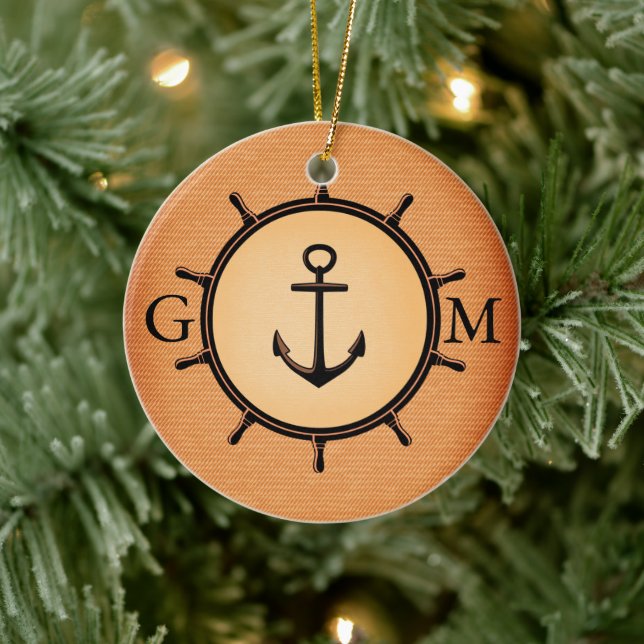 Monogram Custom Brass Nautical Wheel and Anchor Keramikornament (Baum)