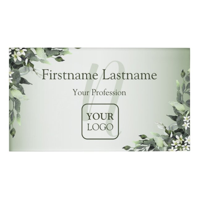 Monogram Custom Logo Greenery Floral Blätter Namenschild (Vorderseite)