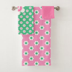 Monogram Custom Retro Daisies Pink und Green Badhandtuch Set