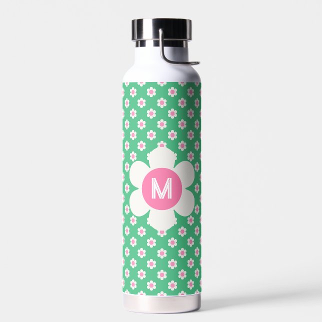 Monogram Custom Retro Daisies Pink und Green Trinkflasche (Links)