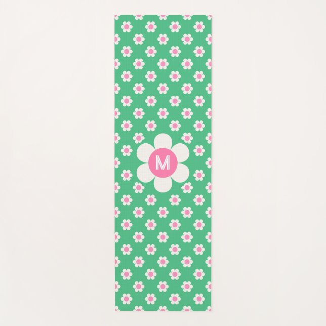 Monogram Custom Retro Daisies Pink und Green Yogamatte (Vorderseite)