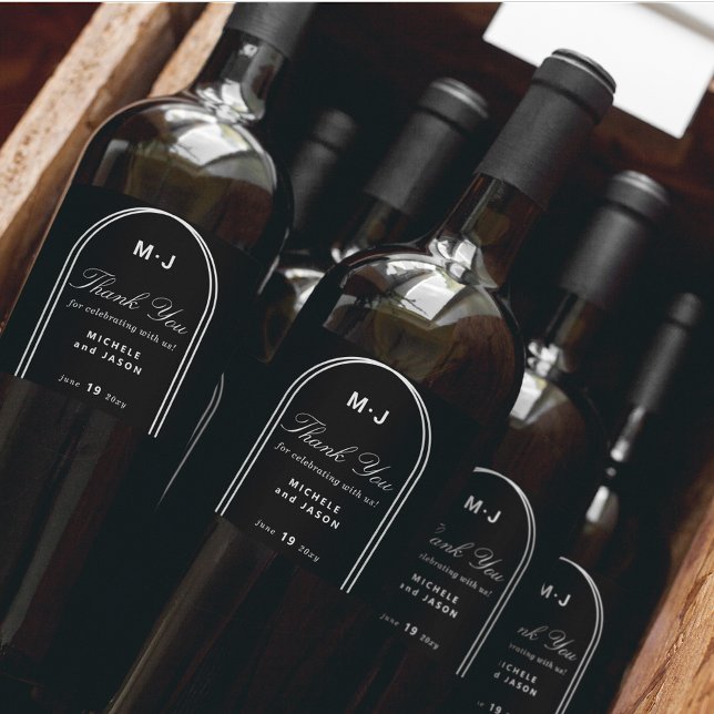 Monogram Custom Vielen Dank Arch Black Wedding Weinetikett (Von Creator hochgeladen)