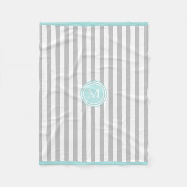 Monogram Cyan Gray & White Striping Fleece Blanket (Vorderseite)