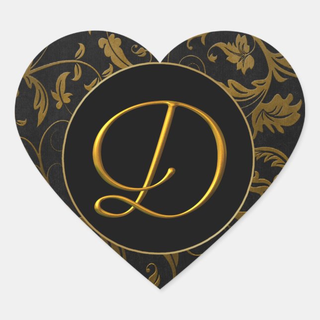 Monogram D Gold and Black Damask Wedding Siegel Herz-Aufkleber (Vorderseite)
