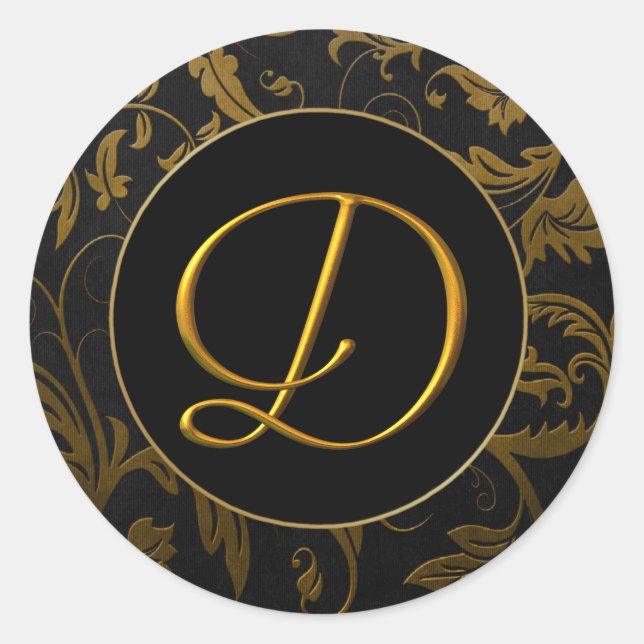 Monogram D Gold and Black Damask Wedding Siegel Runder Aufkleber (Vorderseite)